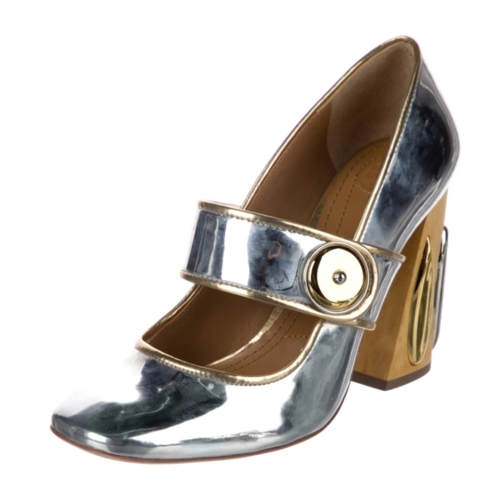Tory Burch Madison Silver Gold Color Metallic Block Heel Mary Jane Pumps